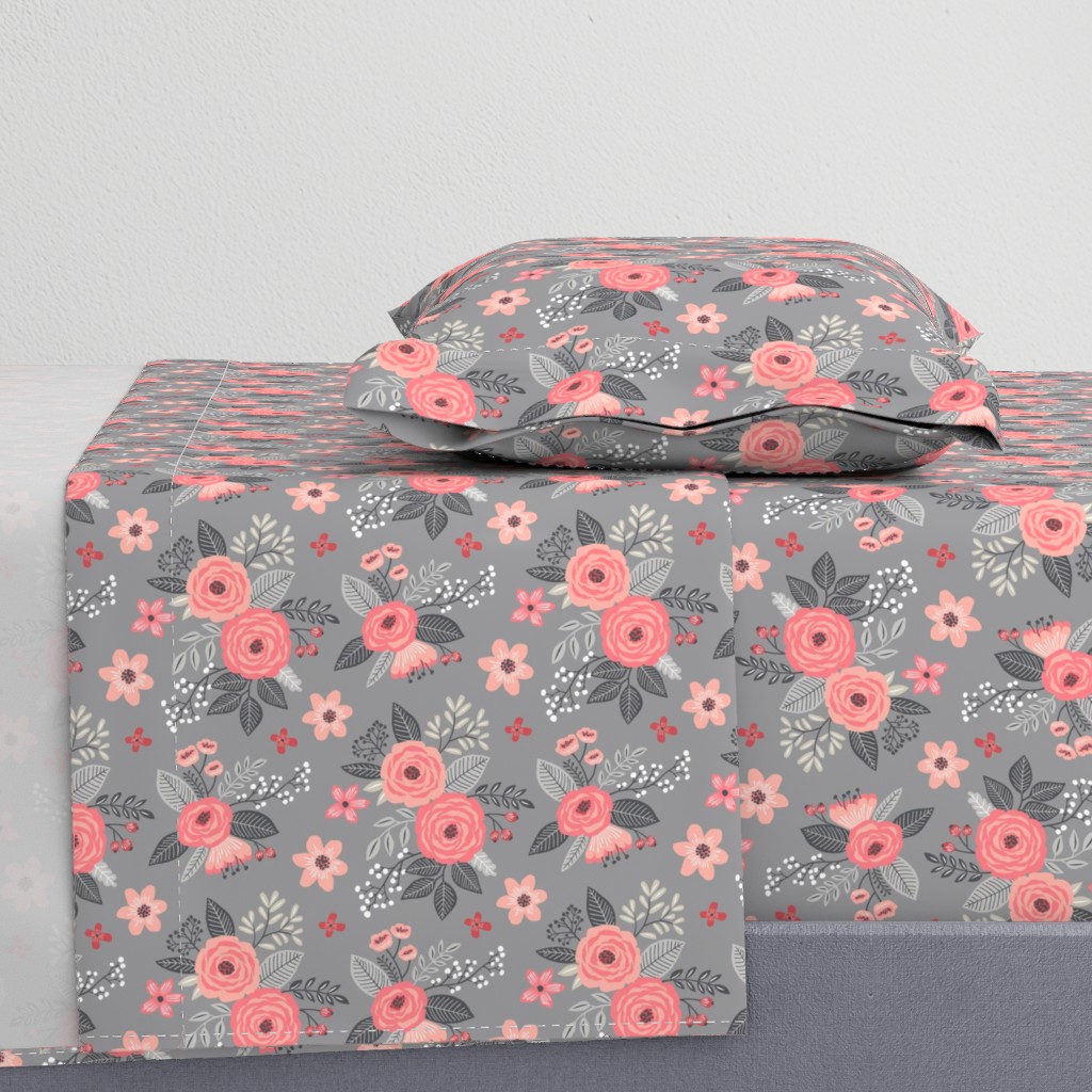 Vintage Antique Floral Flowers Peach on Grey