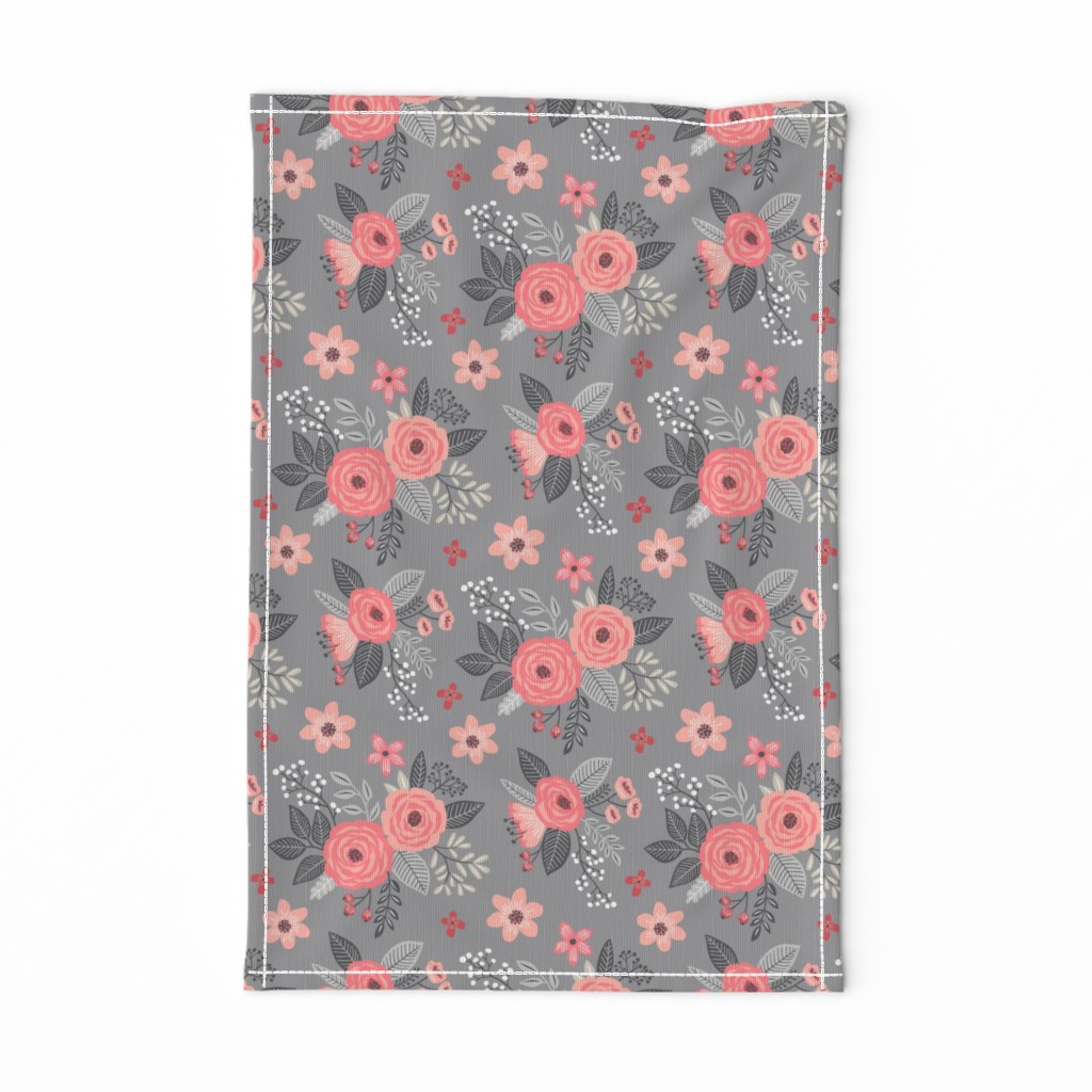 Vintage Antique Floral Flowers Peach on Grey