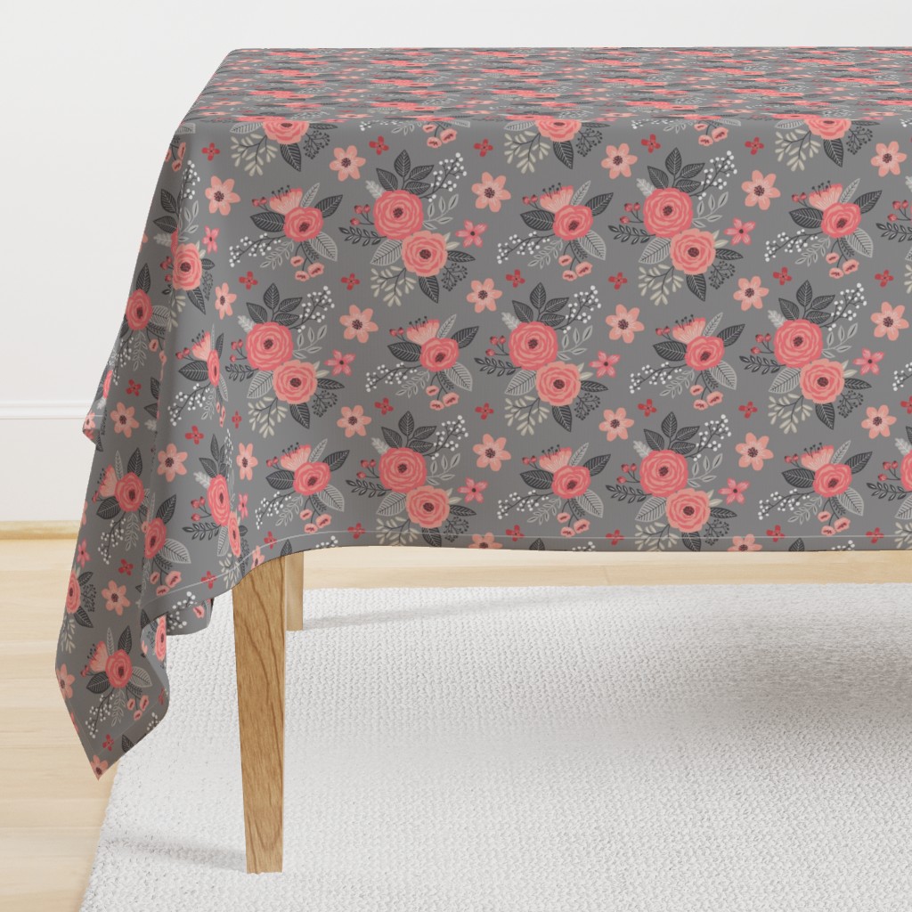 Vintage Antique Floral Flowers Peach on Grey