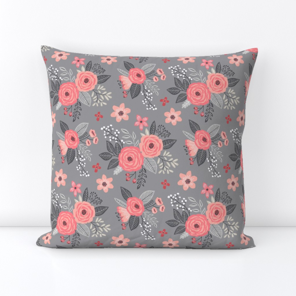 Vintage Antique Floral Flowers Peach on Grey