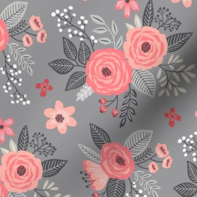 Vintage Antique Floral Flowers Peach on Grey