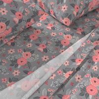 Vintage Antique Floral Flowers Peach on Grey