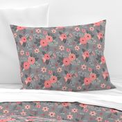 Vintage Antique Floral Flowers Peach on Grey