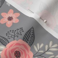 Vintage Antique Floral Flowers Peach on Grey