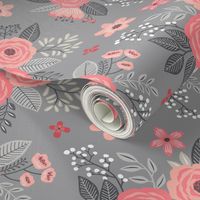 Vintage Antique Floral Flowers Peach on Grey