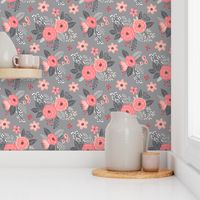 Vintage Antique Floral Flowers Peach on Grey