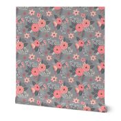 Vintage Antique Floral Flowers Peach on Grey