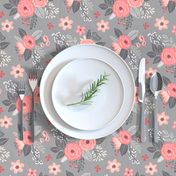 Vintage Antique Floral Flowers Peach on Grey