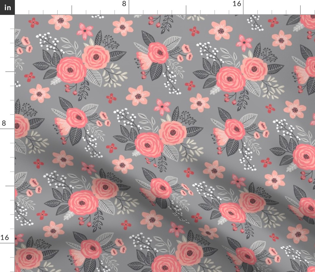 Vintage Antique Floral Flowers Peach on Grey