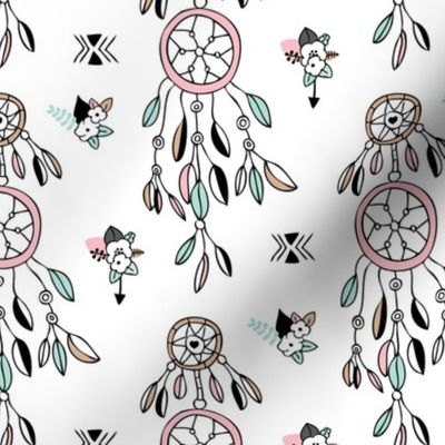 Bohemian dreamcatcher with feathers and flowers girls indian summer design pink mint