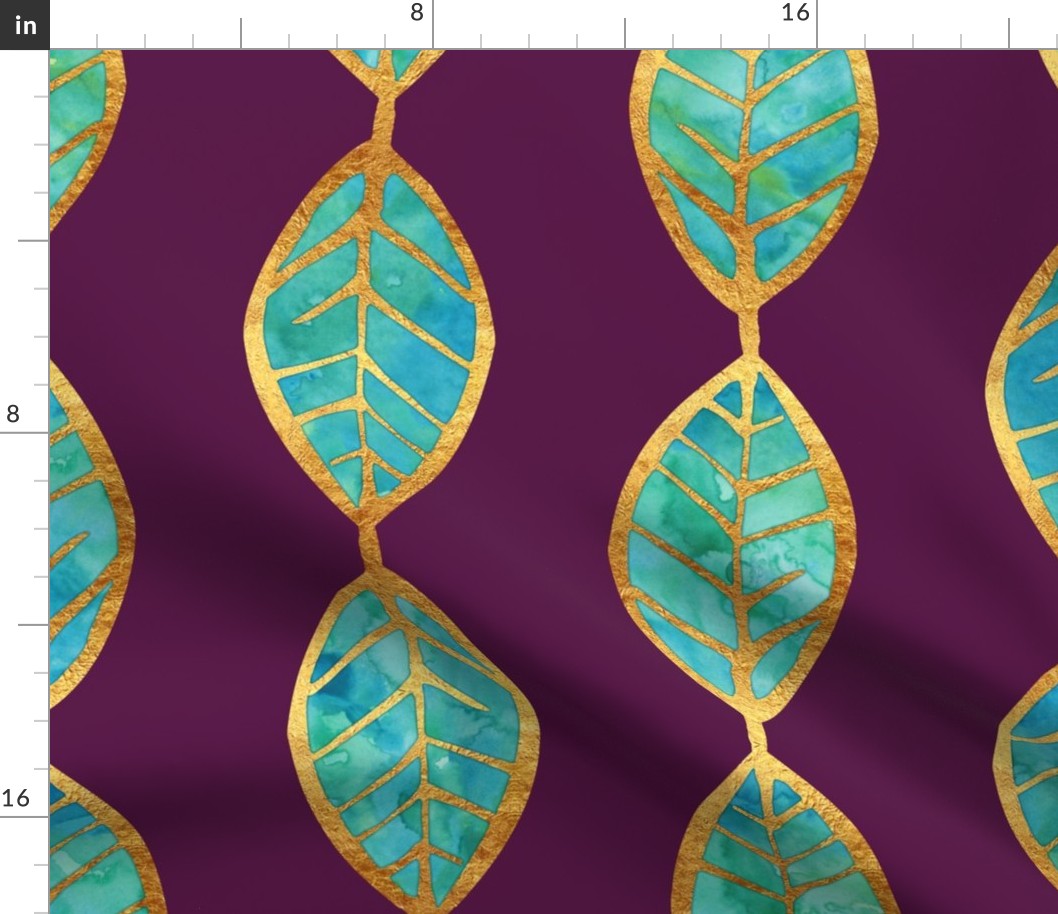 Aqua Gold Foil Leaves on Rich Purple