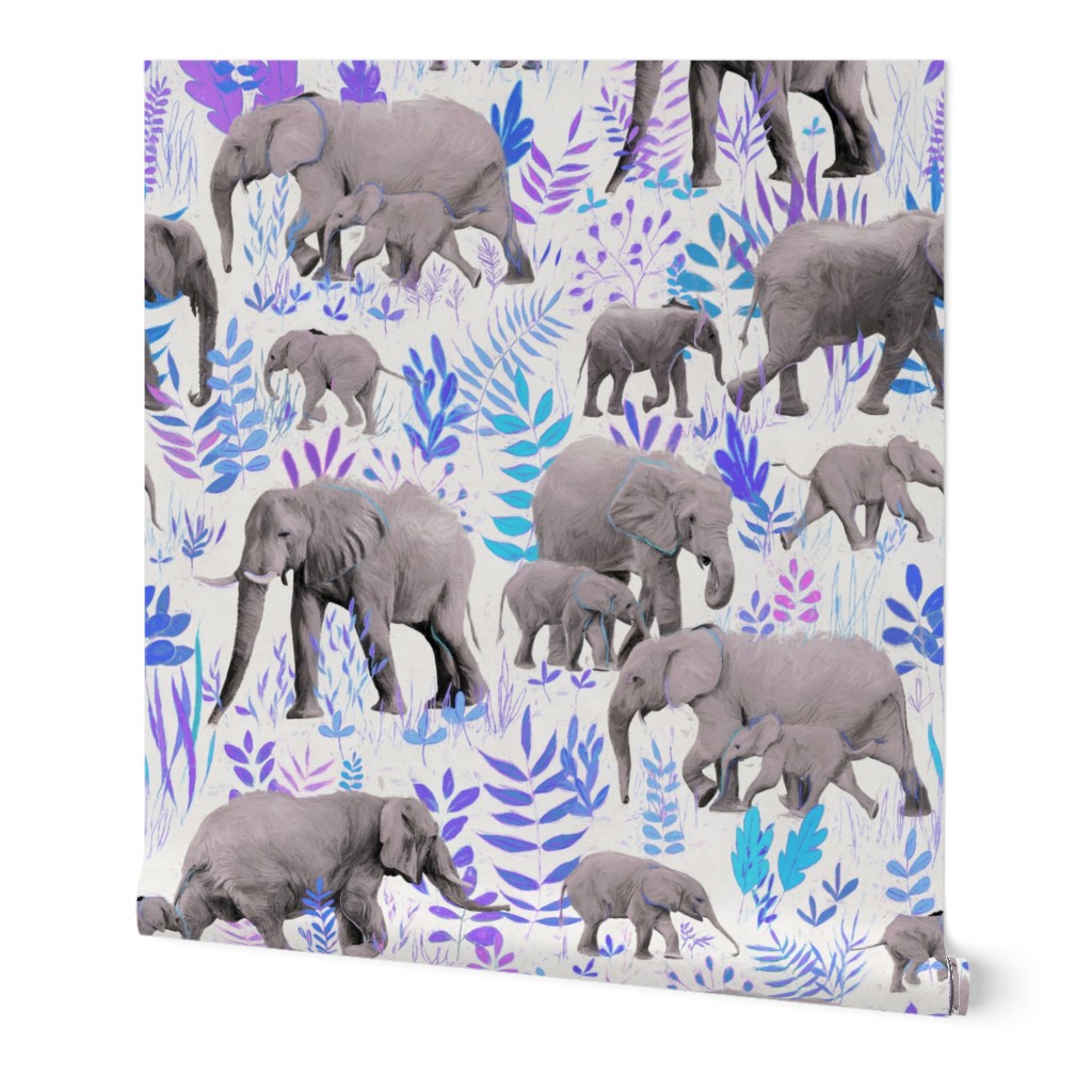 Sweet Elephants in Grey, Purple and Blue on Cream