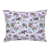 Sweet Elephants in Grey, Purple and Blue on Cream