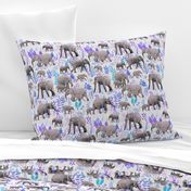 Sweet Elephants in Grey, Purple and Blue on Cream