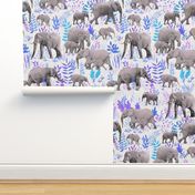 Sweet Elephants in Grey, Purple and Blue on Cream