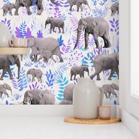 Sweet Elephants in Grey, Purple and Blue on Cream