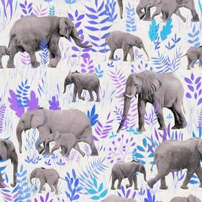 Sweet Elephants in Grey, Purple and Blue on Cream