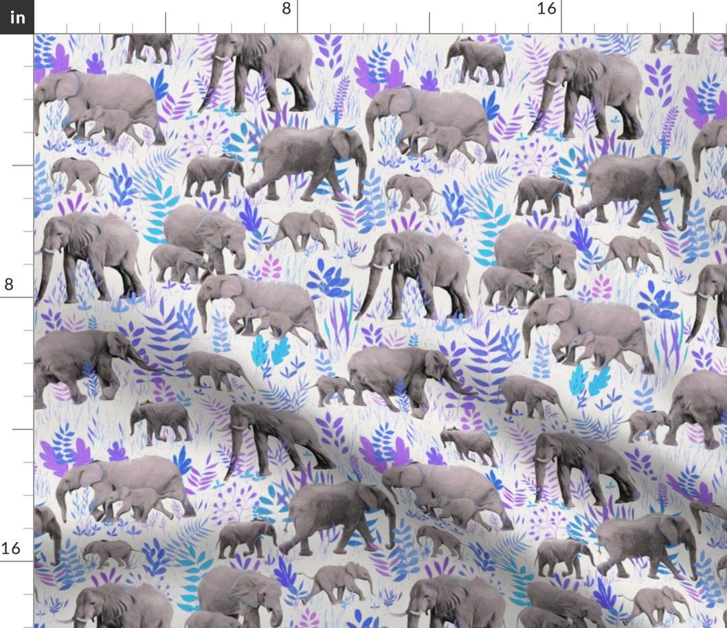 Sweet Elephants in Grey, Purple and Blue on Cream