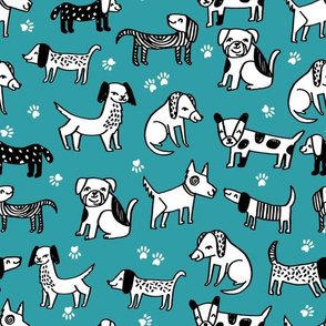 dog // dogs pet hand-drawn illustration funny cute kawaii dog design turquoise blue dog fabric for crafts quilts