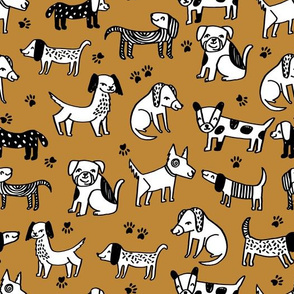 dogs // dog fabric puppy hand-drawn illustration kids paw print sweet mustard yellow dog fabric