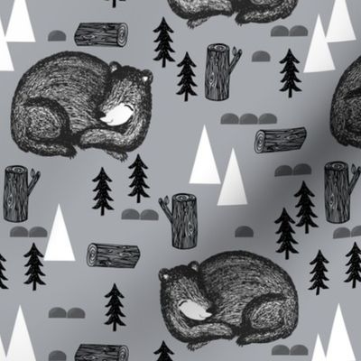 bear // sleeping bear kids nursery grey baby fir trees outdoors adventures hibernating sleep