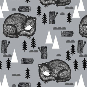 bear // sleeping bear kids nursery grey baby fir trees outdoors adventures hibernating sleep