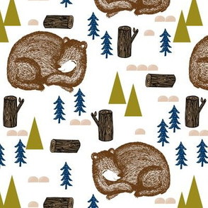 bear // sleeping bear hibernating forest woodland bear baby nursery baby boy bear cute animals fir tree forest tree logs bears