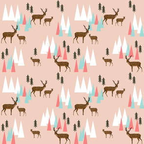 mountain deer // coral pink mint forest trees deer woodland creatures animals