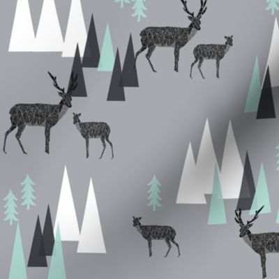 mountain deer // charcoal grey mint triangles kids outdoors camping forest woodland mountains triangles charcoal mint and grey