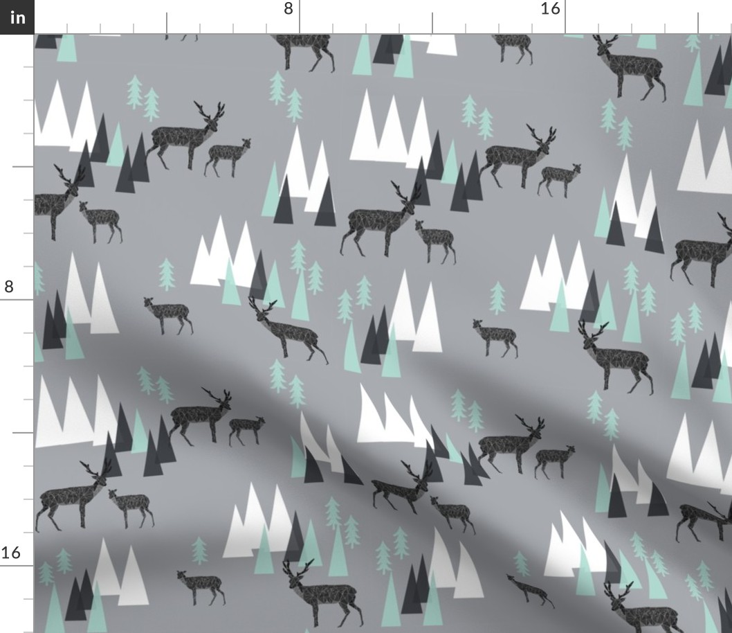 mountain deer // charcoal grey mint triangles kids outdoors camping forest woodland mountains triangles charcoal mint and grey