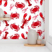 crab and lobster // white crabs lobsters nautical fish ocean sea red pink summer fishing