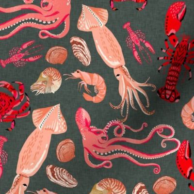 ocean // ocean creatures lobster squid octopus crabs shells shrimp prawns ocean nautical summer linen