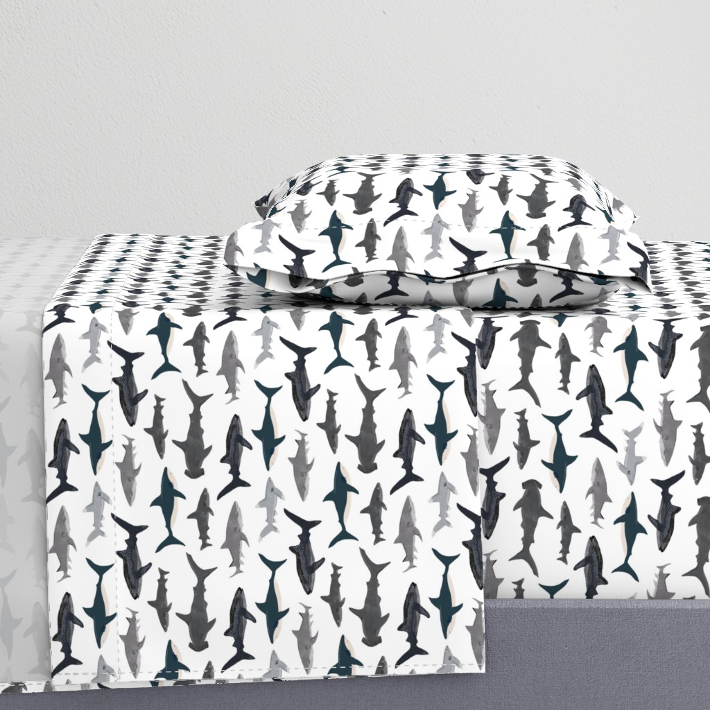 shark // sharks nautical boys white background kids ocean sea tiger shark hammerhead shark fabric