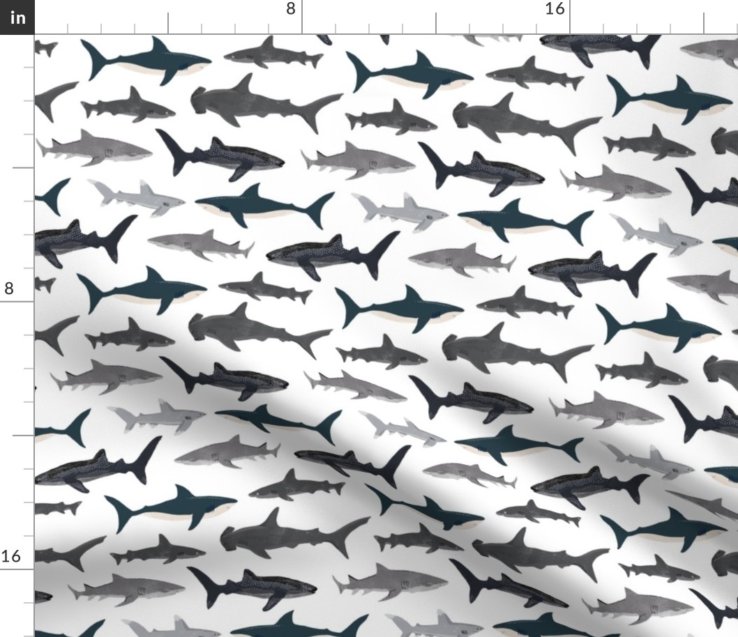 shark // sharks nautical boys white background kids ocean sea tiger shark hammerhead shark fabric