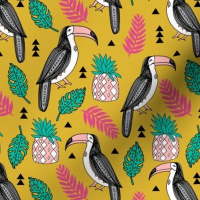 toucan // tropical toucans tropical pineapple mustard birds palm print monstera kids