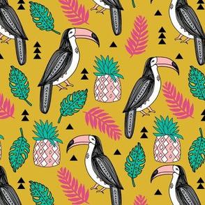 toucan // tropical toucans tropical pineapple mustard birds palm print monstera kids