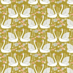 swan fabric // mustard olive yellow swans birds pastel girls sweet bird swan print