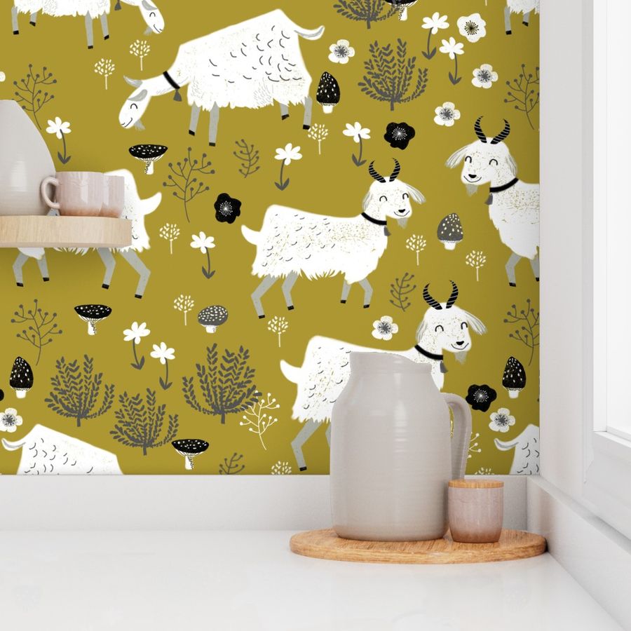 goats // golden olive mustard farm animal kids cute goat fabric