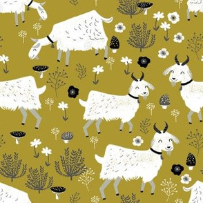 goats // golden olive mustard farm animal kids cute goat fabric