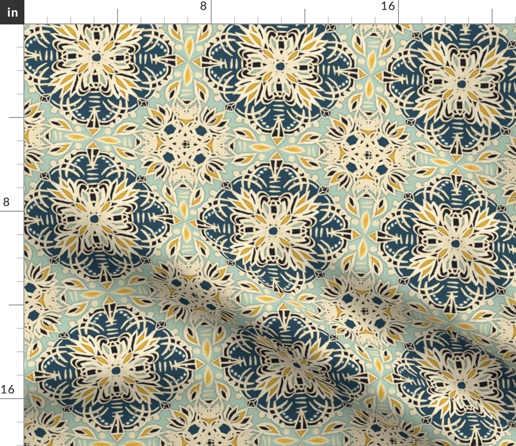 Deep Teal, Cream, Sage Green, Yellow Ochre Medallions