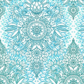 Turquoise and Green on White Protea Doodle