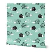 Scandinavian sweet hedgehog illustration for kids gender neutral black and white mint