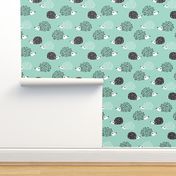 Scandinavian sweet hedgehog illustration for kids gender neutral black and white mint