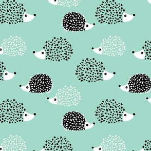 Scandinavian sweet hedgehog illustration for kids gender neutral black and white mint