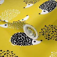 Scandinavian sweet hedgehog illustration for kids gender neutral spring black and white yellow