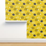 Scandinavian sweet hedgehog illustration for kids gender neutral spring black and white yellow