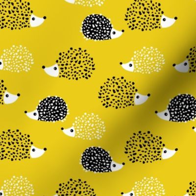 Scandinavian sweet hedgehog illustration for kids gender neutral spring black and white yellow