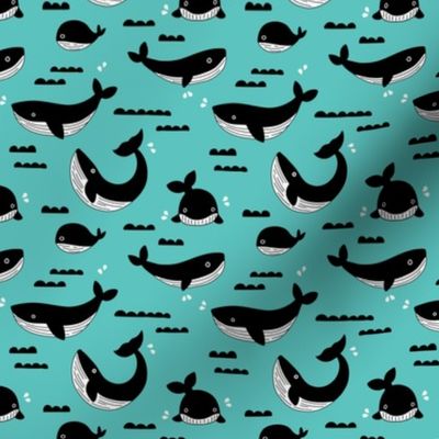 Black and white whale ocean theme illustration design under water world sea life blue XS