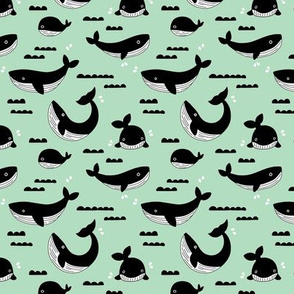 Black and white whale ocean theme illustration design under water world sea life mint XS