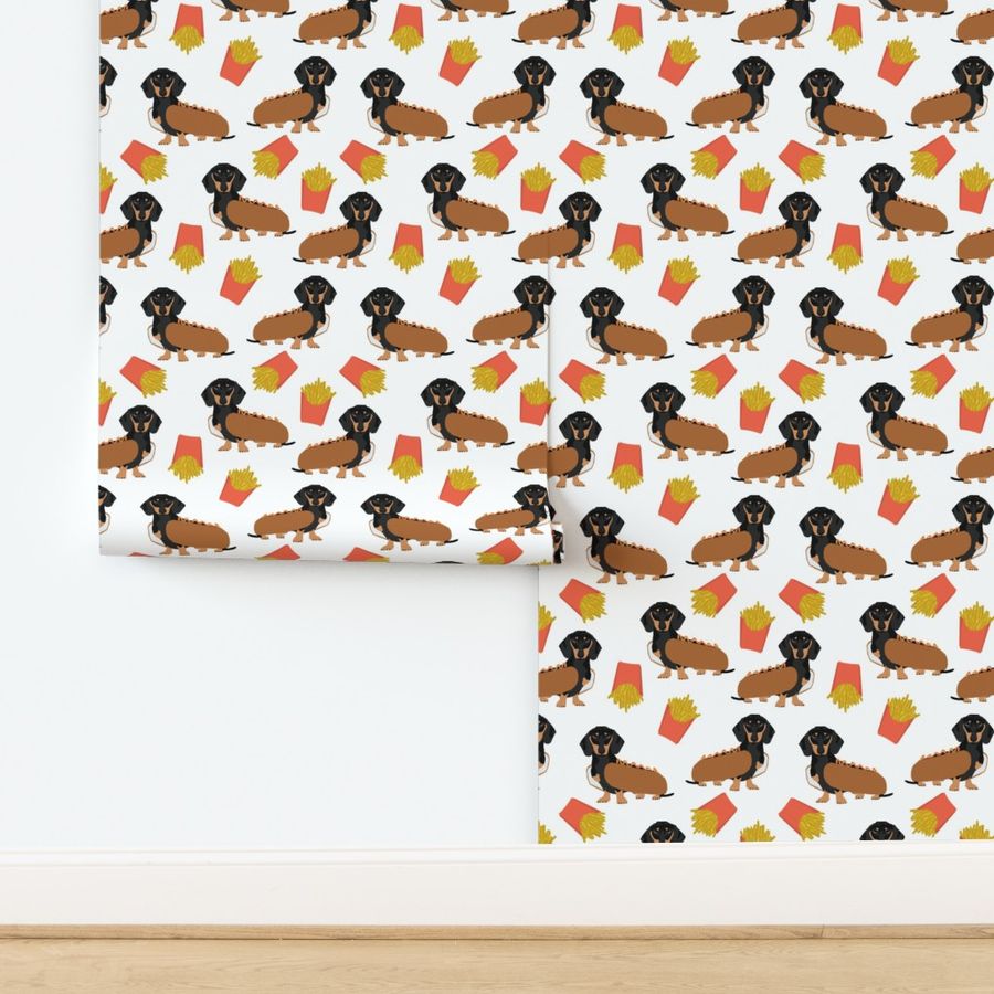 dachshund hot dog and fries cute funny food novelty dog dogs puppy doxie wiener dog weener dog fabric print for home decor